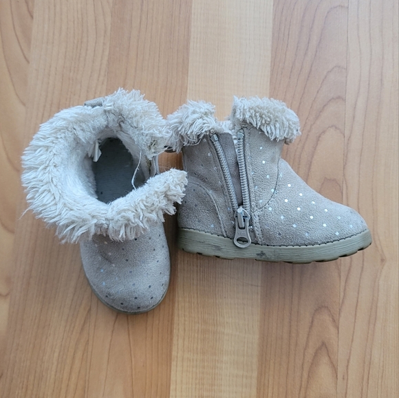 Cat&Jack Toddler Girls Boots Sz 4 Tan Suede like Side Zip Pull on Shoes Faux Fur - Picture 3 of 12